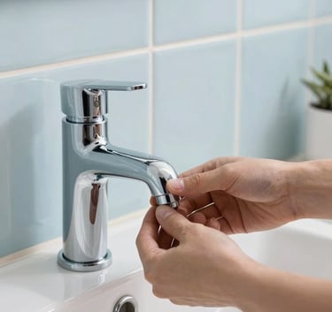 Close up of hands installing a high-quality chrome faucet in a modern bathroom with pale blue tiles, Middle Eastern / Turkish apartment, bright professional lighting.