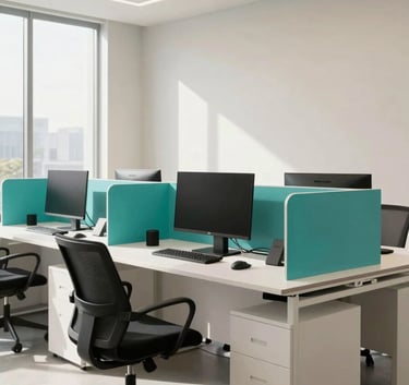 A sleek, modern North American / US office setting with a wide-angle lens. A professional workstation featuring high-end tech, bathed in natural light and soft off-white tones, with bright teal accents.