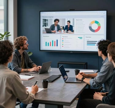A collaborative meeting of diverse professionals in a North American / US creative studio. They are looking at a large screen displaying campaign analytics. The room has dark navy accents and cool slate grey furniture.