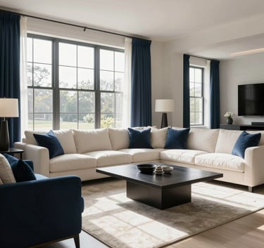 A high-end North American living room, sun-drenched with large windows, showing impeccably clean surfaces, minimalist furniture, and a calm atmosphere with navy and off-white tones.