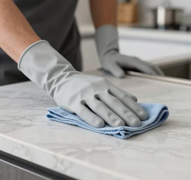 Close-up photography of a professional cleaning specialist's hands in light grey gloves using a microfiber cloth to wipe a polished marble countertop in a modern North American kitchen.