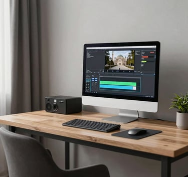 A modern, clean workspace in Ankara, Turkey, showing a high-performance computer with a video rendering progress bar, stylish furniture, and soft natural lighting.