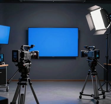 A sophisticated technology studio setup in Turkey with glowing navy and slate blue screens, professional cinema cameras on tripods, and futuristic digital lighting.