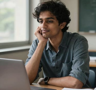 A focused South Asian student in a modern academic setting, sitting at a desk with a laptop and textbooks, looking relieved and confident, soft natural lighting from a nearby window.