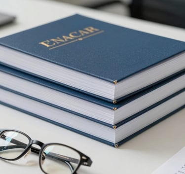 A stack of professional bound thesis documents and a pair of glasses on a clean white desk, shallow depth of field, bright academic atmosphere.