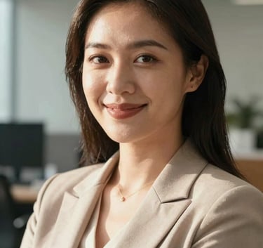 A close-up photograph of a Southeast Asian woman in elegant, professional attire, looking forward with a confident and inspiring smile in a sunlit office environment.