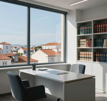 A bright and airy legal office in Portugal with a view of Lisbon's rooftops, featuring modern furniture and bookshelves with legal volumes, sky blue and pale grey tones.