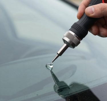Extreme close-up photography of a professional auto glass repair kit being used on a windshield. Focus on the precision tool and a drop of clear resin against the glass. North American outdoor setting, bright daylight.