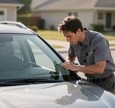 Professional photography of a technician in a clean uniform carefully inspecting a windshield on a modern SUV parked in a sunlit North American suburban driveway. Soft natural lighting, premium feel, shallow depth of field.