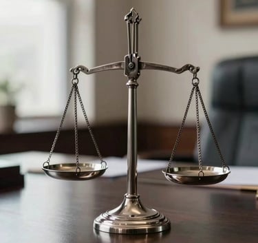 A silver scale of justice resting on a polished deep black table in a professional South American / Brazilian law office, soft natural lighting through a window.