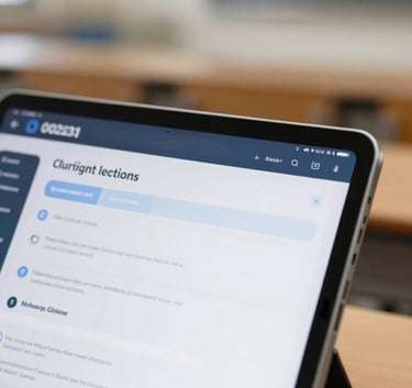 Close-up of a high-tech tablet displaying an interactive educational dashboard, blurred background of a modern classroom, lighting is soft and focused, using #0D2E3A and #F2F5F8 palette.