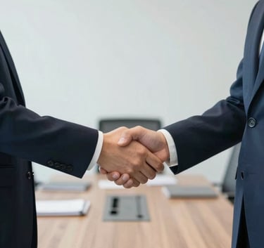 A bright and airy corporate meeting room where two professionals are shaking hands, symbolizing trust and reliability in business, incorporating the clean aesthetic and blue tones of the brand palette.