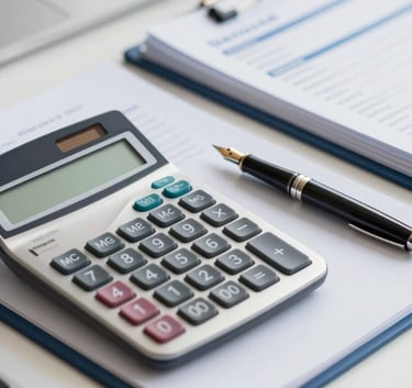 A close-up of an organized executive desk with a high-end calculator, a fountain pen, and neatly stacked financial folders, emphasizing unwavering professionalism and precise accounting services, with subtle #0A192F and #89B3D7 accents.