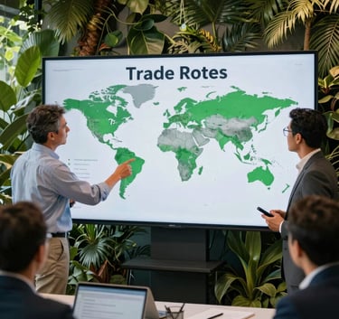 Professional team in a modern Colombian office discussing international trade routes on a digital screen, bright and forward-thinking environment with forest green design elements.