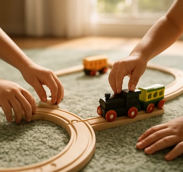 Professional photography of pre-school children's hands assembling a wooden train set on a soft sage rug in a sun-drenched Australian room. No faces or adults are visible.