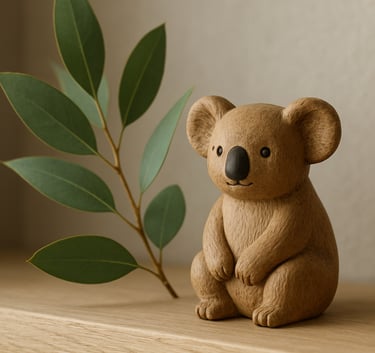 A high-quality close-up of a small wooden koala figurine sitting on a shelf next to a fresh eucalyptus sprig. The lighting is soft and natural, reflecting an Australian aesthetic.