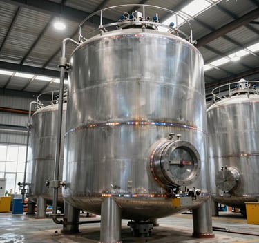 A large, high-precision industrial steel storage tank inside a modern factory in Mexico, clean workshop environment, bright industrial lighting highlighting the metallic textures and professional welds.