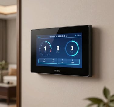 A sleek, wall-mounted digital control panel in a North American luxury home showing temperature diagnostics and air quality metrics, with a deep blue interface and light cyan accents.