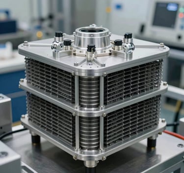 Professional photography of high-performance silver condenser coils and intricate cooling components in a clean, high-tech industrial setting in Miami.