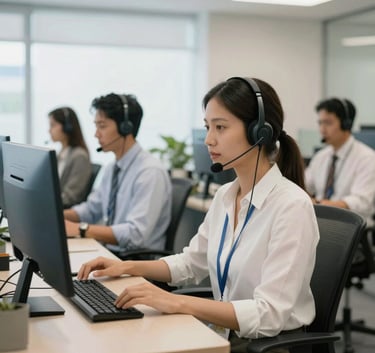 A bright and airy call center environment in South America with professional operators wearing headsets, modern ergonomic furniture, light steel blue and off-white color palette.