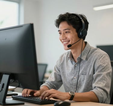 A South American professional wearing a headset smiling while looking at a computer screen in a bright, clean Brazilian office space, soft lighting, professional photography style.