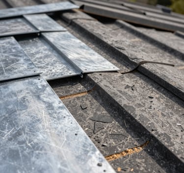 Gros plan détaillé de matériaux de toiture haut de gamme, incluant des plaques de zinc et des ardoises naturelles, mettant en évidence les textures et la qualité des matériaux utilisés par l'artisan.