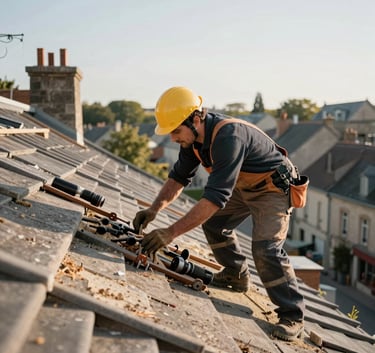 Un couvreur professionnel en tenue de travail installant des ardoises sur un toit pentu dans une ville française. Lumière du matin douce, outils visibles, atmosphère de savoir-faire artisanal de l'Europe de l'Ouest.
