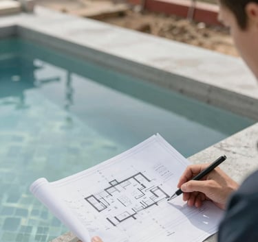 Close-up of a high-end pool construction site showing precise concrete work and architectural blueprints being reviewed. The atmosphere is professional and innovative. Neutral tones with #E0E1DD and #415A77 accents.