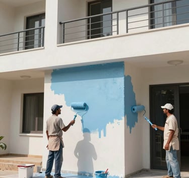 A wide shot of a professional painting crew in South Asian / Indian work attire using rollers to apply Sky Blue paint to the exterior of a modern residential building. Bright, natural daylight, professional photography.