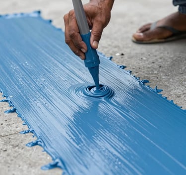 Close-up detail of a skilled professional in a South Asian / Indian setting applying a thick, protective waterproofing coating to a concrete terrace. The coating is a clean, Classic Blue shade. Sharp focus on texture.