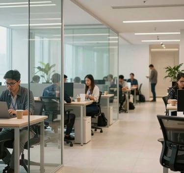 A wide shot of a modern, professional office space in Indonesia with glass partitions. Professionals in a Southeast Asian / Indonesian co-working space are seen in the background. The scene has soft mint and off-white accents, conveying innovation.
