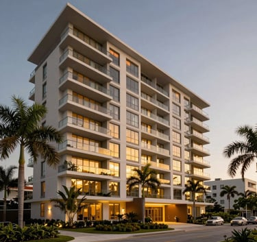 A wide-angle professional photograph of a premium South Florida apartment complex exterior at twilight, with warm golden lighting reflecting off modern windows and well-manicured tropical landscaping.