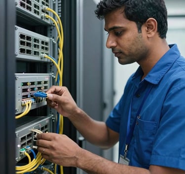 A professional South Asian / Indian IT technician in a blue uniform inspecting network cabling in a modern data center, focused expression, sharp focus on hardware, soft professional lighting.