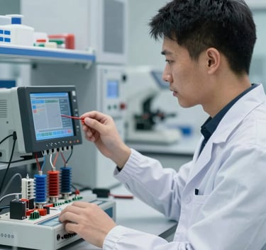 A professional technician in a clean laboratory setting monitoring an electrical insulation test on a digital interface. The scene conveys technological advancement and precision. The brand palette #0D2B44 and #3A4750 is reflected in the technical gear and room shadows.