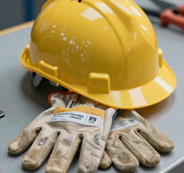A high-detail photograph of an electrician's certified insulated gloves and safety helmet resting on a technical table. The focus is on the safety certifications and the texture of the equipment. Warm lighting contrasts with the #0D2B44 background.