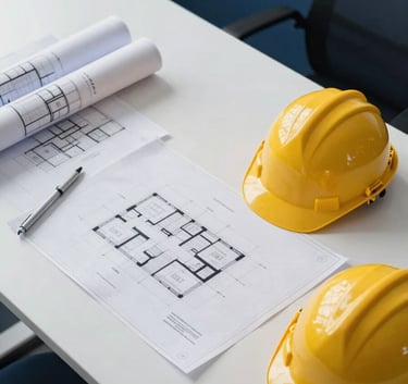 An overhead flat-lay photograph of professional architectural blueprints and a yellow hard hat on a clean white desk in a modern Latin American / Spanish office, minimalist composition, Deep Midnight Blue accents.