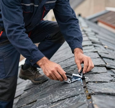 A professional roofer in a navy blue work uniform inspecting a slate roof in France. The composition is focused on the roofer's hands checking for leaks, using modern equipment in a Western European setting.