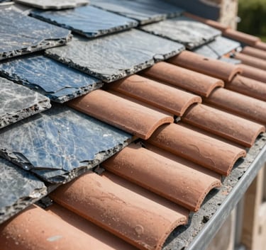Close-up photography of high-quality terracotta roof tiles being professionally installed on a Western European / French house, natural sunlight highlighting the textures of slate blue and grey materials.
