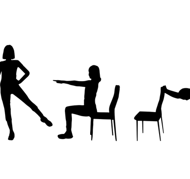 Black silhouettes of a woman performing seated and standing chair yoga exercises for office stretching.