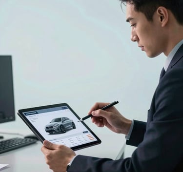 A professional car appraiser in a modern office using a digital tablet to analyze vehicle data, soft sky blue and pale mist blue ambient lighting, sophisticated and reliable atmosphere.
