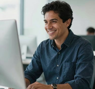 A Latin American entrepreneur smiling while looking at a desktop computer in a bright, modern workplace. The atmosphere is professional and optimistic, with soft teal and white colors in the background.