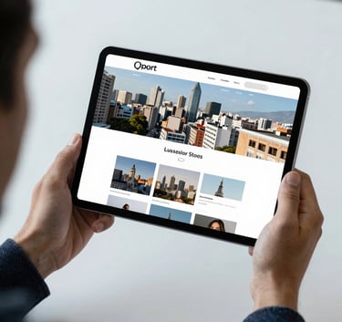 Professional hands holding a modern tablet that shows a beautiful, structured website layout. The setting is a bright, professional creative studio in a Latin American city. Soft light blue and white palette.