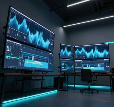 A wide, low-angle shot of a high-tech creative studio in a South American urban loft. Large monitors display professional video editing software with dynamic light blue wave patterns. The environment is minimalist and dark, with neon cyan accent lighting along the floor and ceiling, giving a futuristic vibe.