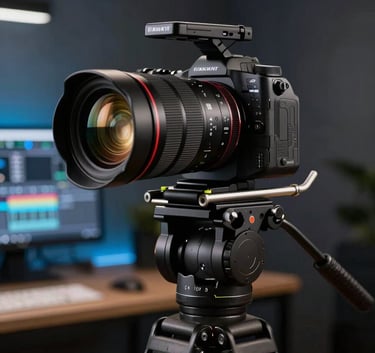 Detailed shot of a professional camera rig on a tripod in a modern Brazilian studio. The background is a soft-focus dark interior with subtle blue light leaks. The camera lens reflects the glowing screens of an editing suite nearby, conveying high-end technology and precision.