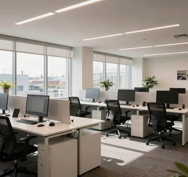 A wide-angle interior shot of a modern, open-concept technology office in Kitchener, Ontario. Natural light streams through large windows, highlighting clean off-white desks and ergonomic chairs. North American / Canadian professional atmosphere.