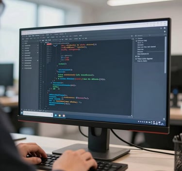 A professional close-up of a software engineer working on a large high-resolution monitor displaying clean lines of code in a bright, modern Canadian tech hub with soft off-white and medium blue lighting.