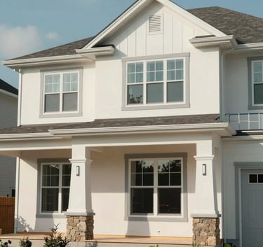 A modern suburban home with off-white walls and silver-grey trim under construction in the North American / US region, bright natural lighting.