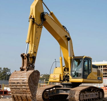 A powerful yellow excavator working on a modern construction site, North American / US landscape, clear blue sky, professional architectural composition.