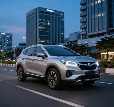 A professional commercial photograph of a sleek silver Suzuki XL7 driving on a clean Jakarta city street during twilight. The sky is a deep Royal Blue. Modern Southeast Asian architecture in the background.