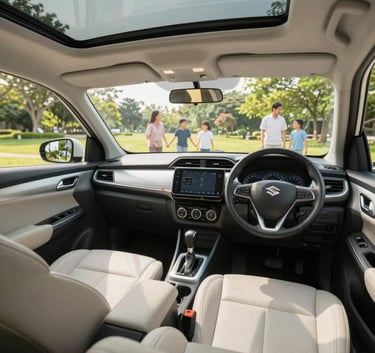 Interior shot of a Suzuki Ertiga, focusing on the spacious cabin and modern dashboard. Sunlight streaming in, Off-White leather details. Southeast Asian family silhouettes visible outside in a bright park.